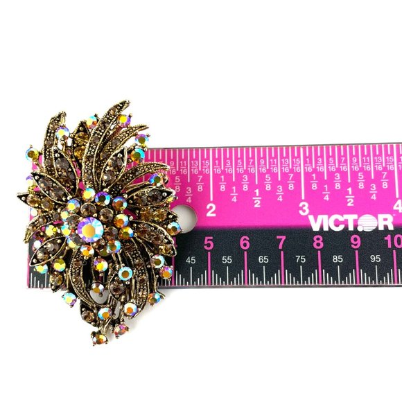 Vintage Brooch Pin Gold Tone Yellow Brown Rhinestones - Picture 4 of 4